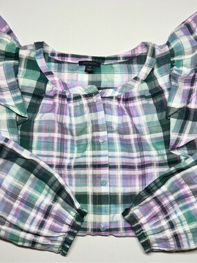 Ann Taylor Plaid Ruffle Shoulder Button‑Down Blouse | Size XS | 100% Cotton